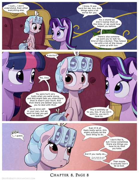 Size: 1200x1552 | Tagged: safe, artist:deusexequus, derpibooru import, cozy glow, starlight glimmer, twilight sparkle, twilight sparkle (alicorn), alicorn, pegasus, pony, unicorn, comic:fix, comic, freckles, image, png, speech bubble