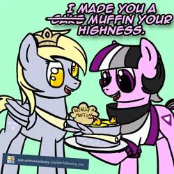 Size: 800x800 | Tagged: safe, artist:thedragenda, derpibooru import, derpy hooves, oc, oc:ace, pony, ask-acepony, cake, food, image, png