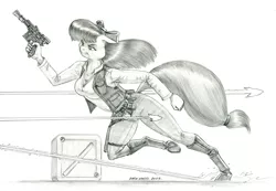 Size: 1500x1037 | Tagged: safe, artist:baron engel, derpibooru import, apple bloom, anthro, earth pony, unguligrade anthro, blaster, clothes, crossover, disney, female, image, jpeg, mare, monochrome, older, older apple bloom, pants, pencil drawing, solo, star wars, story in the source, traditional art, vest