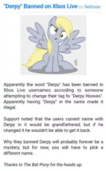 Size: 429x691 | Tagged: safe, derpibooru import, derpy hooves, pegasus, pony, equestria daily, 2019, banned, female, image, jpeg, mare, meta, old, sethisto, sitting, spread wings, text, username, wings, xbox, xbox live