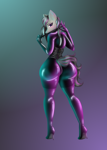 Size: 2500x3500 | Tagged: questionable, alternate version, anonymous artist, derpibooru import, octavia melody, anthro, earth pony, anus, butt, catsuit, clothes, corset, derpibooru exclusive, disproportional anatomy, female, high heels, huge butt, image, large butt, latex, latex suit, looking at you, looking back, looking back at you, nudity, png, shoes, solo, solo female, tail, the ass was fat, treblebutt, whip