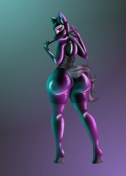 Size: 2500x3500 | Tagged: questionable, alternate version, anonymous artist, derpibooru import, octavia melody, anthro, earth pony, anus, butt, catsuit, clothes, corset, derpibooru exclusive, disproportional anatomy, female, high heels, huge butt, image, large butt, latex, latex suit, looking at you, looking back, looking back at you, nudity, png, shoes, solo, solo female, tail, the ass was fat, treblebutt, whip