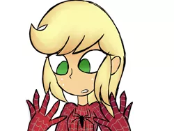 Size: 2000x1500 | Tagged: safe, artist:alandisc, derpibooru import, applejack, equestria girls, bust, eyelashes, female, freckles, hand, hatless, image, jpeg, looking down, marvel, missing accessory, simple background, solo, spider-man, spiderjack, surprised, white background