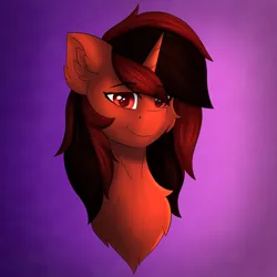 Size: 4800x4800 | Tagged: safe, artist:flapstune, derpibooru import, oc, oc:flaps tune, unofficial characters only, pony, unicorn, bust, chest fluff, ear fluff, female, horn, image, looking at you, mare, png, red eyes, simple background, smiling, solo, solo female
