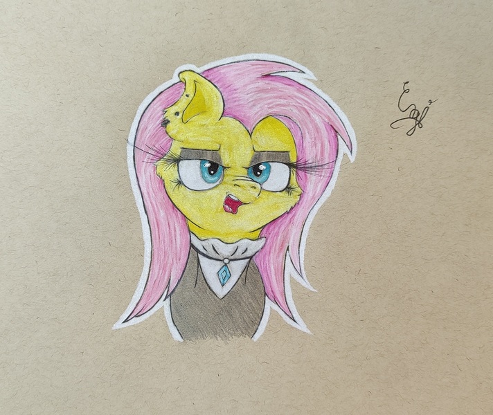 Size: 1999x1684 | Tagged: safe, artist:engi, derpibooru import, fluttershy, pegasus, pony, clothes, colored pencil drawing, ear piercing, eyeshadow, female, fluttergoth, goth, image, jewelry, jpeg, looking at you, makeup, necklace, open mouth, outline, photo, piercing, simple background, solo, solo female, traditional art, white outline