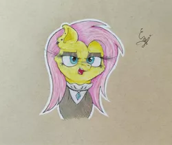 Size: 1999x1684 | Tagged: safe, artist:engi, derpibooru import, fluttershy, pegasus, pony, clothes, colored pencil drawing, ear piercing, eyeshadow, female, fluttergoth, goth, image, jewelry, jpeg, looking at you, makeup, necklace, open mouth, outline, photo, piercing, simple background, solo, solo female, traditional art, white outline