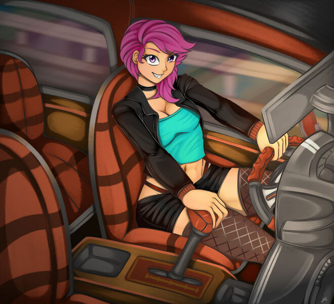 Size: 1280x1163 | Tagged: safe, artist:jennobasilicum, derpibooru import, scootaloo, equestria girls, alternate hairstyle, belly button, car, choker, clothes, commission, driving, female, fishnets, grin, image, jacket, jpeg, leather jacket, older, older scootaloo, panties, short shirt, shorts, smiling, solo, thong, underwear