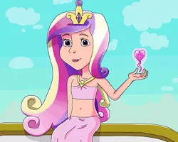 Size: 1297x1038 | Tagged: safe, artist:ocean lover, derpibooru import, princess cadance, human, balcony, bare shoulders, beautiful, belly button, clothes, cloud, crown, crystal empire, cute, cutedance, disney style, dress, girly girl, gown, gradient hair, hand, heart, human coloration, humanized, image, jewelry, looking at you, lovely, magic, midriff, multicolored hair, outdoors, png, pretty, princess of love, regalia, shadow, shiny skin, sitting, sky, smiling, smiling at you, sparkles