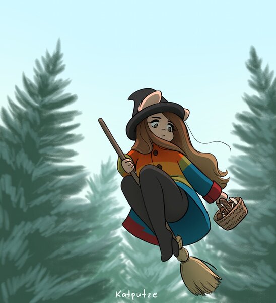 Size: 1869x2048 | Tagged: safe, artist:katputze, derpibooru import, oc, oc:pennie, unofficial characters only, anthro, earth pony, plantigrade anthro, pony, basket, broom, clothes, coat, female, flying, flying broomstick, forest, hat, image, jpeg, low angle, mare, mushroom, solo, tree, witch, witch hat