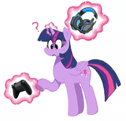 Size: 1776x1704 | Tagged: safe, artist:calliecreampuff, derpibooru import, twilight sparkle, twilight sparkle (alicorn), alicorn, colored, controller, curious, cute, folded wings, gaming, gaming headset, headset, image, lineless, magic, magic aura, ms paint, png, question mark, telekinesis, twiabetes, wings