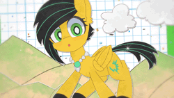 Size: 1280x720 | Tagged: safe, artist:lexiedraw, derpibooru import, oc, oc:lightning bug, unofficial characters only, pegasus, fanfic:song of seven, 2d, animated, black mane, commission, gem, gif, green eyes, image, loop, meta, mountain, mountain range, pegasus oc, short tail, shy, shy gal, shy smile, smiling, tail, twitter, twitter link, two toned mane, wings, yellow coat