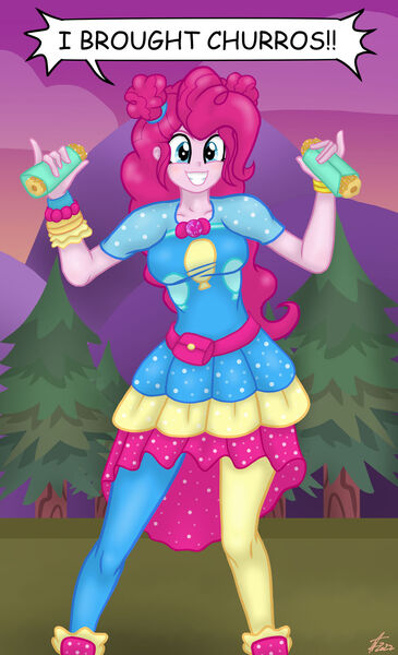 Size: 1280x2102 | Tagged: safe, artist:lennondash, derpibooru import, pinkie pie, equestria girls, equestria girls series, sunset's backstage pass!, spoiler:eqg series (season 2), breasts, busty pinkie pie, churros, clothes, cute, diapinkes, dress, female, food, geode of sugar bombs, grin, image, jpeg, magical geodes, music festival outfit, smiling, solo, speech bubble, sunset, tree
