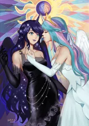 Size: 1800x2546 | Tagged: safe, artist:momori, derpibooru import, princess celestia, princess luna, human, aqua eyes, bare shoulders, belly chain, black dress, black gloves, black wings, blue hair, blue lipstick, choker, clothes, crescent moon, dated, dress, duo, duo female, eclipse, evening gloves, eyelashes, eyes closed, female, females only, gloves, horn, horned humanization, humanized, image, imminent kissing, incest, jewelry, jpeg, lesbian, lipstick, long gloves, long hair, looking at each other, looking at someone, makeup, moon, multicolored hair, pink lipstick, princest, royal sisters, shipping, siblings, sisters, smiling, sparkles, sun, white dress, white gloves, white wings, winged humanization, wings
