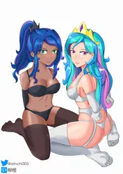 Size: 2508x3541 | Tagged: suggestive, alternate version, artist:orinchi303, derpibooru import, princess celestia, princess luna, human, arm behind back, background removed, blushing, bondage, breasts, clothes, dark skin, duo, feet, female, femsub, humanized, image, kneeling, looking at you, panties, png, simple background, socks, stocking feet, stockings, submissive, thigh highs, underwear, white background