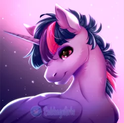 Size: 800x794 | Tagged: safe, artist:cabbage-arts, derpibooru import, twilight sparkle, twilight sparkle (alicorn), alicorn, pony, abstract background, dusk shine, folded wings, gradient background, image, looking at you, male, png, prince dusk, rule 63, smiling, solo, stallion, wings
