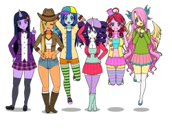 Size: 800x600 | Tagged: safe, derpibooru import, applejack, fluttershy, pinkie pie, rainbow dash, rarity, twilight sparkle, human, boots, button, cap, clothes, cowboy boots, cowboy hat, hat, high heel boots, horn, horned humanization, humanized, image, kisekae, mane six, pants, png, shirt, shoes, shorts, simple background, skirt, socks, transparent background, vest, winged humanization, wings