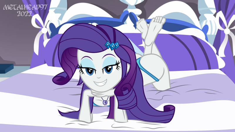 Size: 1280x720 | Tagged: suggestive, artist:metalhead97, derpibooru import, rarity, equestria girls, equestria girls series, ass, barefoot, bra, butt, clothes, crossed legs, feet, female, image, jewelry, legs, legs in air, long hair, looking at you, necklace, panties, png, presenting, show accurate, smiling, smiling at you, solo, solo female, sultry pose, thong, underwear