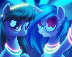 Size: 1800x1440 | Tagged: safe, artist:joellethenose, derpibooru import, octavia melody, vinyl scratch, earth pony, pony, unicorn, club, female, glowstick, grin, image, jpeg, lights, looking at you, mare, raised hoof, selfie, signature, smiling, sunglasses