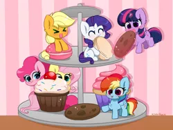 Size: 7056x5300 | Tagged: safe, artist:kittyrosie, derpibooru import, applejack, fluttershy, pinkie pie, rainbow dash, rarity, twilight sparkle, earth pony, pegasus, pony, unicorn, ><, absurd resolution, chest fluff, cookie, cupcake, eating, eyes closed, food, image, macaron, mane six, open mouth, png, tiny, tiny ponies, tongue out