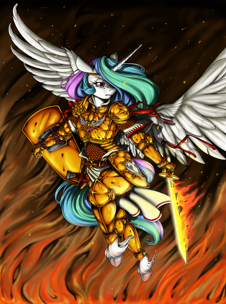 Size: 3519x4739 | Tagged: safe, artist:longinius, derpibooru import, princess celestia, alicorn, anthro, unguligrade anthro, armor, badass, fantasy class, female, fire, high res, image, png, shield, solo, spread wings, sword, unshorn fetlocks, warrior, warrior celestia, weapon, wings