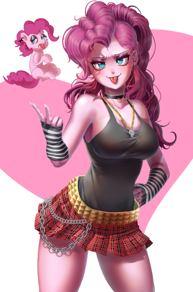 Size: 2236x3392 | Tagged: safe, artist:zzugguri, derpibooru import, pinkie pie, earth pony, pony, equestria girls, breasts, busty pinkie pie, clothes, image, peace sign, png, punk, skirt