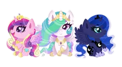 Size: 2969x1640 | Tagged: safe, artist:flyingsosser, derpibooru import, princess cadance, princess celestia, princess luna, alicorn, pony, alicorn triarchy, chibi, cute, cutedance, cutelestia, female, hair over one eye, image, looking at you, lunabetes, mare, outline, png, sitting, smiling, spread wings, trio, white outline, wings
