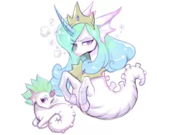 Size: 2803x2139 | Tagged: safe, artist:noupie, derpibooru import, princess celestia, oc, hybrid, pony, sea pony, seapony (g4), unicorn, angry, bubble, crown, curved horn, female, flowing mane, green mane, horn, image, jewelry, jpeg, looking at you, mare, momlestia, peytral, pink eyes, regalia, sad, seaponified, seapony celestia, simple background, species swap, teeth, white background