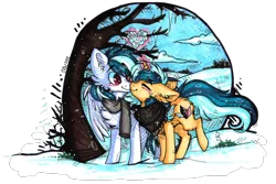 Size: 1688x1127 | Tagged: safe, artist:tayga-niko-j, derpibooru import, oc, unofficial characters only, pegasus, pony, unicorn, chest fluff, clothes, duo, glow, glowing horn, horn, image, magic, outdoors, pegasus oc, png, scarf, simple background, snow, telekinesis, transparent background, unicorn oc, wings