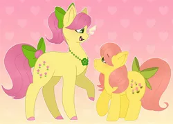 Size: 1724x1234 | Tagged: safe, artist:fluffytrashbin, derpibooru import, posey, posey (g5), earth pony, pony, bow, duo, duo female, female, g1, g5, generational ponidox, gradient background, hair bow, heart, heart background, image, jewelry, jpeg, looking at each other, looking at someone, mare, necklace, open mouth, open smile, ponytail, raised hoof, size difference, smiling, tail, tail bow