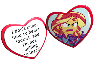 Size: 400x300 | Tagged: safe, derpibooru import, sunset shimmer, caption, exploitable meme, heart locket, image, image macro, meme, png, sunset is not willing to learn, text