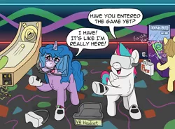 Size: 2979x2193 | Tagged: safe, artist:pony-thunder, derpibooru import, izzy moonbow, zipp storm, arcade, comic, g5, image, png, virtual reality