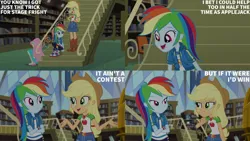 Size: 1280x720 | Tagged: safe, derpibooru import, edit, edited screencap, editor:quoterific, screencap, applejack, fluttershy, rainbow dash, vinyl scratch, equestria girls, equestria girls series, fluttershy's butterflies, applejack's hat, belt, clothes, cowboy hat, crossed arms, denim skirt, female, geode of super speed, geode of super strength, hairpin, hand on hip, hat, hoodie, image, jewelry, jpeg, magical geodes, necklace, open mouth, open smile, shoes, skirt, smiling, sneakers, text