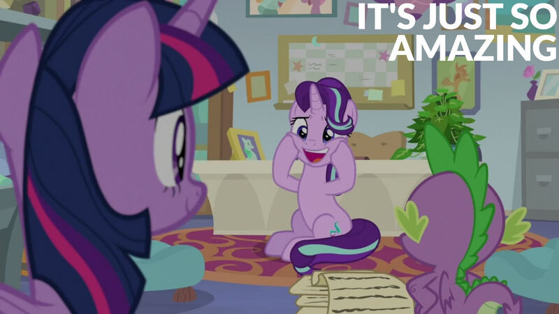 Size: 1280x720 | Tagged: safe, derpibooru import, edit, edited screencap, editor:quoterific, screencap, phyllis, spike, starlight glimmer, twilight sparkle, twilight sparkle (alicorn), alicorn, dragon, pony, unicorn, a horse shoe-in, season 9, spoiler:s09, female, image, jpeg, male, mare, open mouth, open smile, school of friendship, smiling, starlight's office, text, winged spike, wings