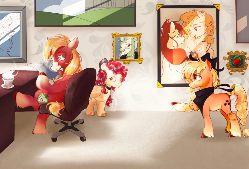 Size: 2388x1623 | Tagged: safe, artist:luansh, derpibooru import, apple bloom, applejack, big macintosh, bright mac, granny smith, pear butter, earth pony, pony, alternate universe, apple family, chair, desk, female, filly, foal, food, g5 concept leak style, glasses, image, jpeg, mare, siblings, tea