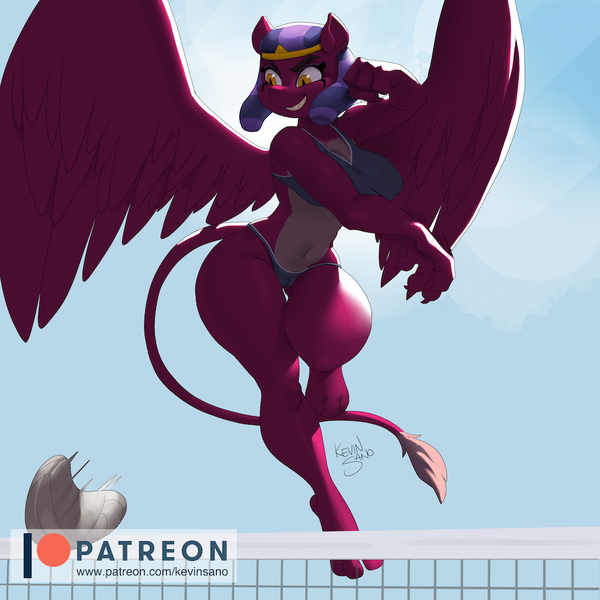 Size: 900x900 | Tagged: questionable, artist:kevinsano, derpibooru import, sphinx (character), anthro, digitigrade anthro, sphinx, ball, big breasts, breasts, busty sphinx (character), cameltoe, clothes, erect nipples, female, grin, image, nipple outline, panties, patreon, patreon logo, png, smiling, smirk, solo, solo female, sports, spread wings, tanktop, underwear, volleyball, volleyball net, wide hips, wings