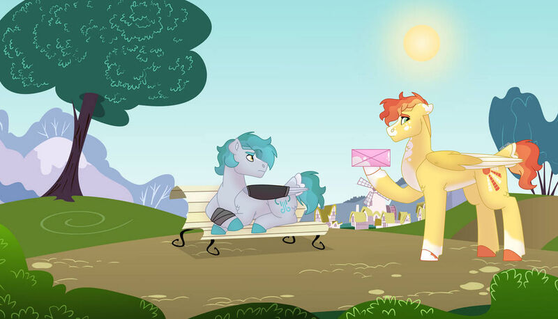 Size: 1280x732 | Tagged: safe, artist:itstechtock, derpibooru import, oc, oc:downburst, oc:solar flare, unofficial characters only, pegasus, pony, bench, box, female, image, jpeg, lying down, mare, prone