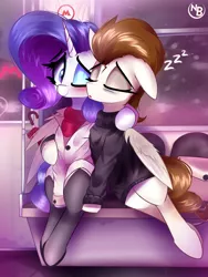 Size: 1080x1439 | Tagged: safe, artist:nevobaster, derpibooru import, rarity, oc, oc:rml, pegasus, pony, unicorn, bag, canon x oc, clothes, coat, female, food, image, male, mare, metro, moscow, night, png, rain, scarf, sitting, sleeping, socks, stallion, stockings, subway, sweater, thigh highs, tired, train, umbrella