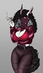 Size: 998x1697 | Tagged: suggestive, artist:blackblood-queen, derpibooru import, oc, oc:demetrius crow, unofficial characters only, anthro, bat pony, bat pony unicorn, hybrid, unguligrade anthro, unicorn, anthro oc, big breasts, breasts, cigarette, cleavage, clothes, digital art, fangs, female, heterochromia, horn, image, pants, png, simple background, slit pupils, solo, solo female