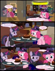 Size: 1042x1358 | Tagged: safe, artist:dendoctor, derpibooru import, mean twilight sparkle, pinkie pie, twilight sparkle, twilight sparkle (alicorn), alicorn, earth pony, pony, comic:clone.., alternate universe, bandage, cactus, cake, clone, clothes, comic, confetti, couch, female, food, image, jpeg, knife, pinkie clone, plate, present, speaker, sunglasses, turntable