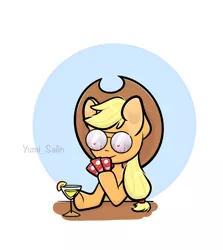 Size: 1280x1434 | Tagged: safe, artist:yumiy_salin, derpibooru import, applejack, earth pony, pony, alcohol, card, cocktail, drink, female, glasses, hat, image, jpeg, mare, poker, silly, simple background, solo