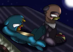 Size: 1131x805 | Tagged: safe, artist:beesmeliss, derpibooru import, gallus, grampa gruff, gryphon, chibi, image, jpeg, night