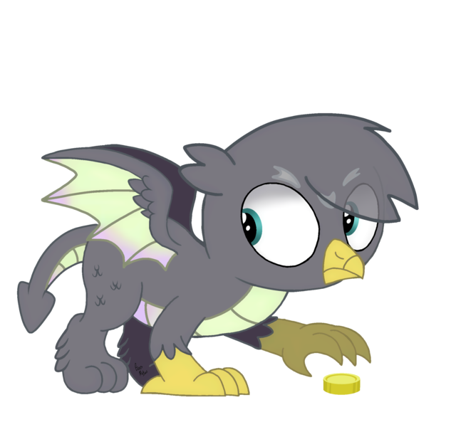 Size: 2160x2026 | Tagged: safe, artist:beesmeliss, derpibooru import, oc, oc:geoff, dragon, dragriff, gryphon, coin, image, interspecies offspring, offspring, parent:gabby, parent:spike, parents:spabby, png, simple background, solo, transparent background