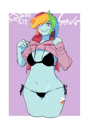 Size: 1400x2000 | Tagged: suggestive, artist:sozglitch, derpibooru import, rainbow dash, equestria girls, belly button, bikini, breasts, clothes, female, hoodie, image, jpeg, looking at you, nail polish, open-chest hoodie, smiling, smiling at you, solo, solo female, swimsuit, wide hips