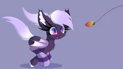 Size: 12918x7230 | Tagged: safe, artist:windykirin, derpibooru import, oc, unofficial characters only, bat pony, absurd resolution, clothes, cute, fangs, food, freckles, image, mango, ocbetes, png, running, socks, solo, string, striped socks, unshorn fetlocks, wind, windswept mane