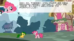 Size: 1920x1080 | Tagged: safe, derpibooru import, pinkie pie, oc, oc:jade, earth pony, pegasus, pony, dialogue, female, filly, foal, game, image, mare, png, ponyville, smiling, super filly adventure, text, youtube link