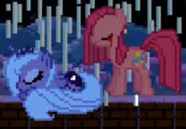 Size: 261x182 | Tagged: safe, derpibooru import, pinkie pie, princess luna, alicorn, earth pony, pony, luna game, blood, creepypasta, crying, eyes closed, female, frown, game, image, jpeg, lying down, mare, night, pinkamena diane pie, prone, rain, sleeping