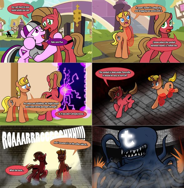 Size: 2562x2608 | Tagged: safe, artist:ladyanidraws, derpibooru import, oc, oc:ace, oc:pun, oc:supremus longhorn, pony, ask pun, ask, image, magic, magic limbs, png, tentacles, tumblr