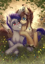 Size: 2480x3507 | Tagged: safe, artist:fenwaru, derpibooru import, oc, oc:ondrea, oc:thunder run, bat pony, pegasus, blue eyes, couple, cuddling, cute, flower, forest, grass, image, looking at each other, looking at someone, lying down, lying on top of someone, markings, png, prone, red eyes, skull, tree