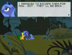 Size: 1044x800 | Tagged: safe, derpibooru import, princess luna, oc, oc:jade, alicorn, pegasus, pony, crown, dialogue, everfree forest, female, filly, foal, forest, game, horn, image, jewelry, jpeg, mare, regalia, super filly adventure, text, tree, wings, youtube link