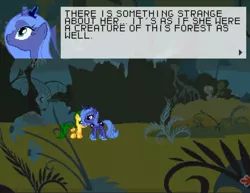 Size: 1036x800 | Tagged: safe, derpibooru import, princess luna, oc, oc:jade, alicorn, pegasus, pony, crown, dialogue, everfree forest, female, filly, foal, forest, game, horn, image, implied zecora, jewelry, jpeg, mare, regalia, super filly adventure, text, tree, wings, youtube link